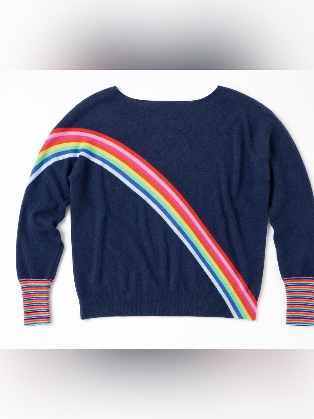Zaket & Plover Rainbow Cashmere Blend Sweater Navy Boat Neck Dopamine Small - Picture 2 of 6